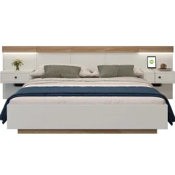 Gutent Lit adulte 160x200 cm, lit double avec chevets suspendus, led et prise usb type c, cadre en bois, chêne + blanc (sans matelas) Clearance