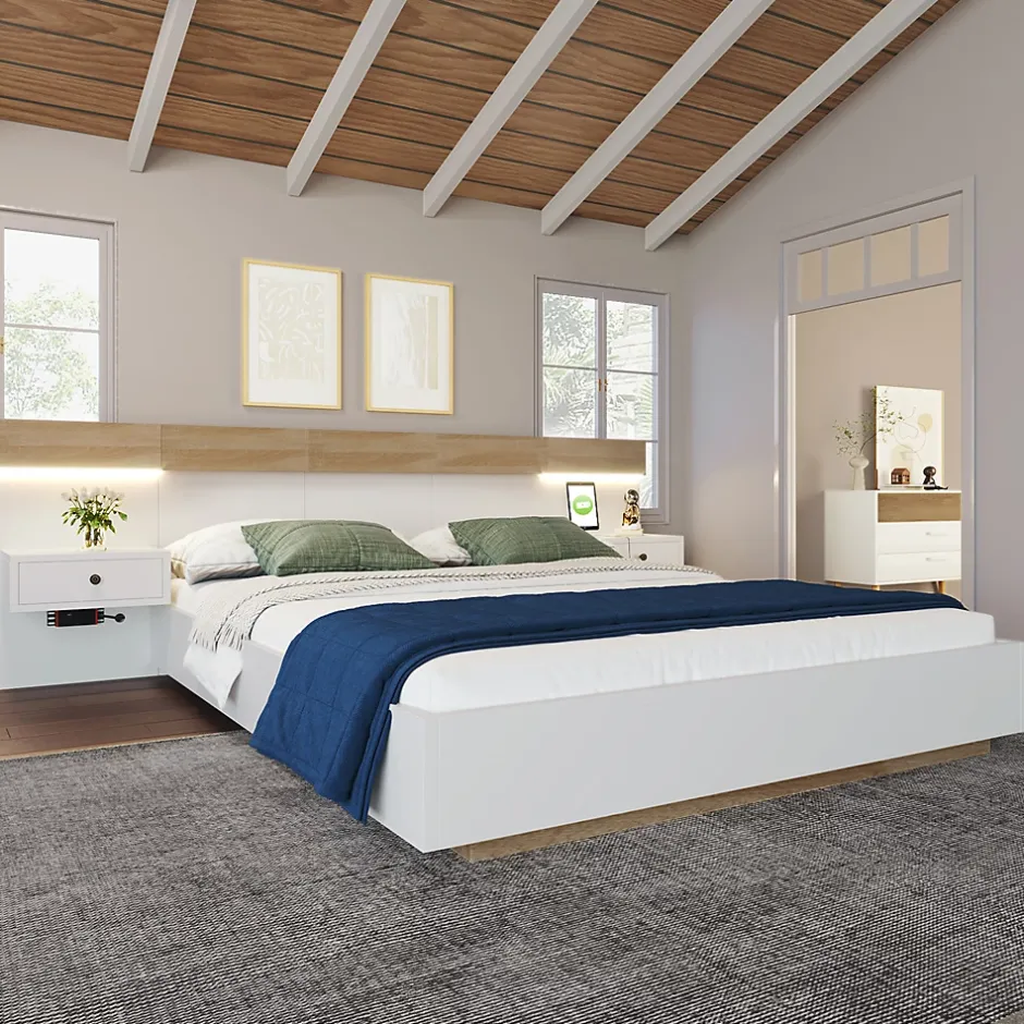 Gutent Lit adulte 160x200 cm, lit double avec chevets suspendus, led et prise usb type c, cadre en bois, chêne + blanc (sans matelas) Clearance