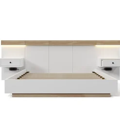 Gutent Lit adulte 160x200 cm, lit double avec chevets suspendus, led et prise usb type c, cadre en bois, chêne + blanc (sans matelas) Clearance