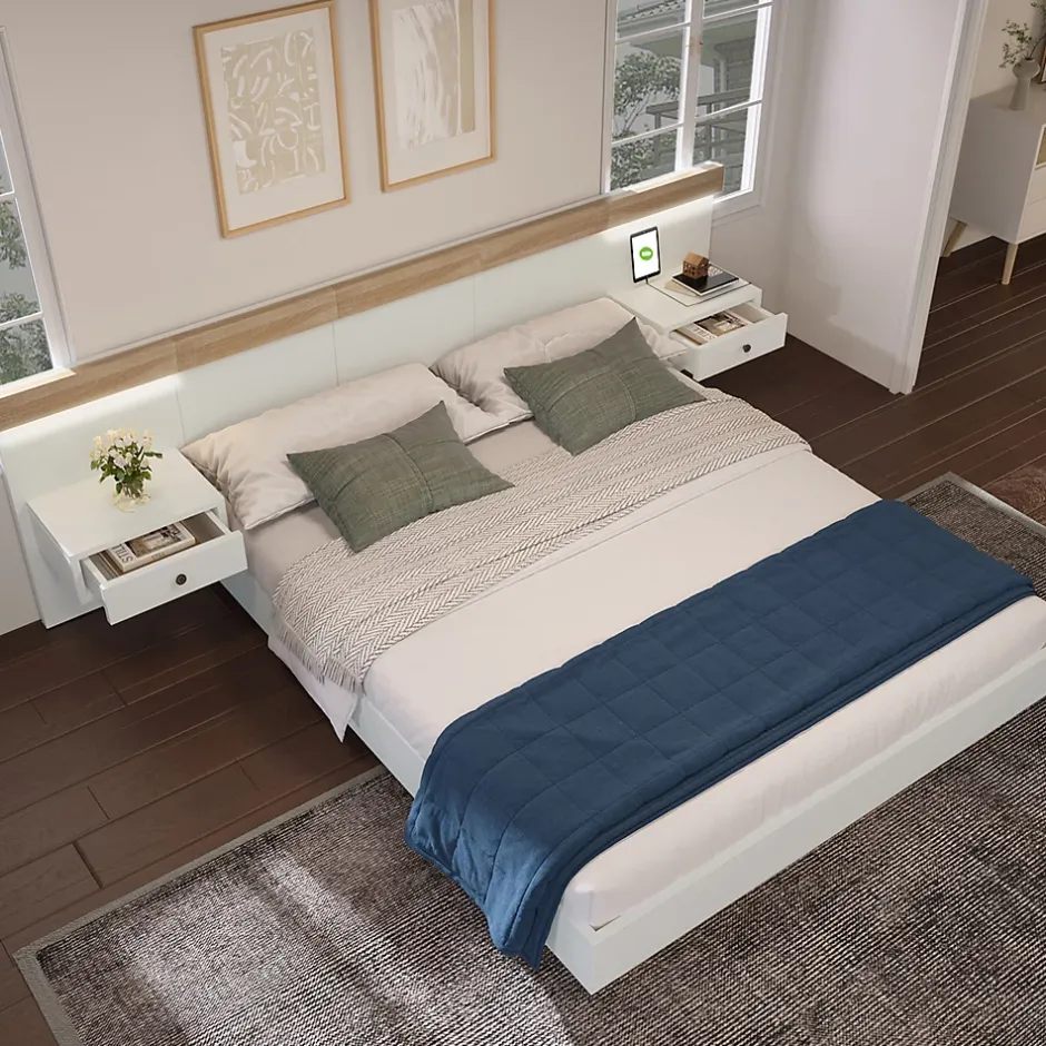 Gutent Lit adulte 160x200 cm, lit double avec chevets suspendus, led et prise usb type c, cadre en bois, chêne + blanc (sans matelas) Clearance