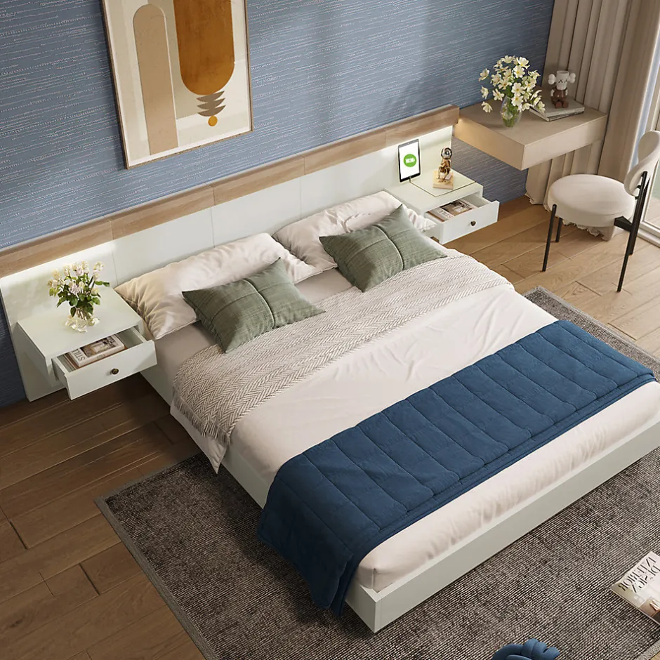 Gutent Lit adulte 180x200 cm, lit double avec chevets suspendus, led et prise usb typ c, cadre en bois, chêne + blanc (sans matelas)