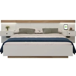 Gutent Lit adulte 180x200 cm, lit double avec chevets suspendus, led et prise usb typ c, cadre en bois, chêne + blanc (sans matelas)