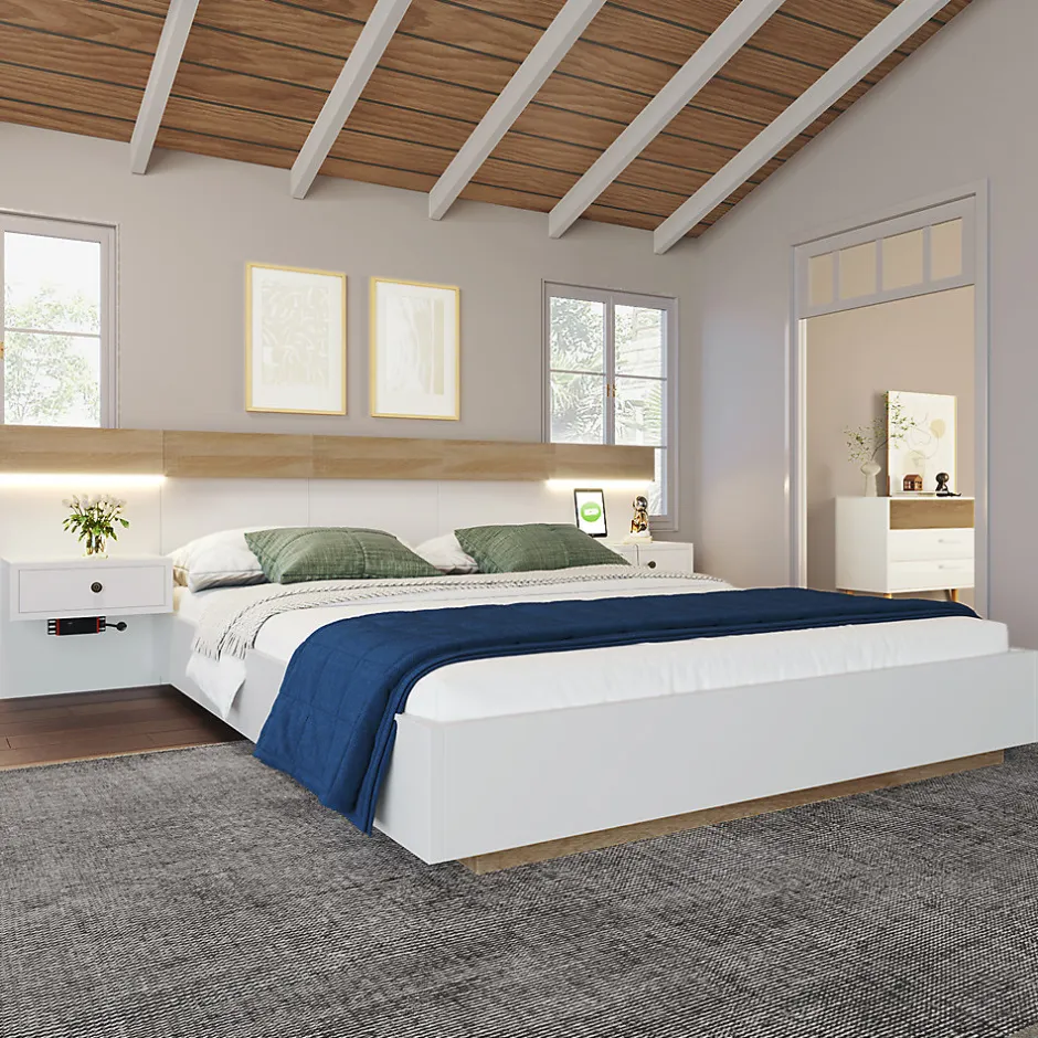 Gutent Lit adulte 180x200 cm, lit double avec chevets suspendus, led et prise usb typ c, cadre en bois, chêne + blanc (sans matelas)