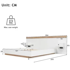 Gutent Lit adulte 180x200 cm, lit double avec chevets suspendus, led et prise usb typ c, cadre en bois, chêne + blanc (sans matelas)