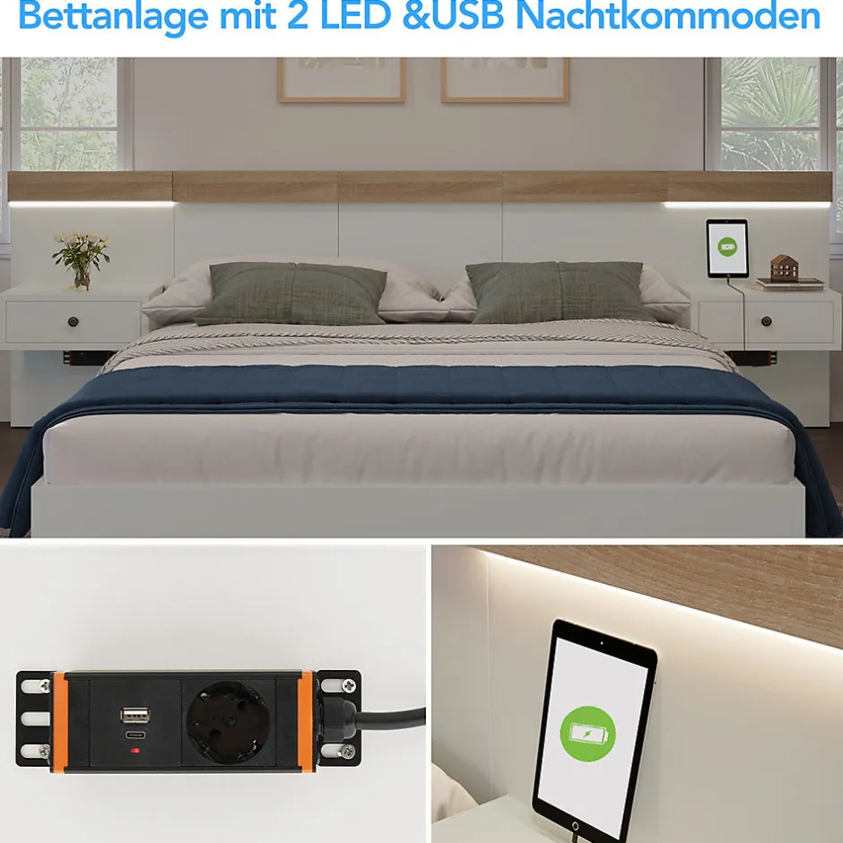 Gutent Lit adulte 180x200 cm, lit double avec chevets suspendus, led et prise usb typ c, cadre en bois, chêne + blanc (sans matelas)