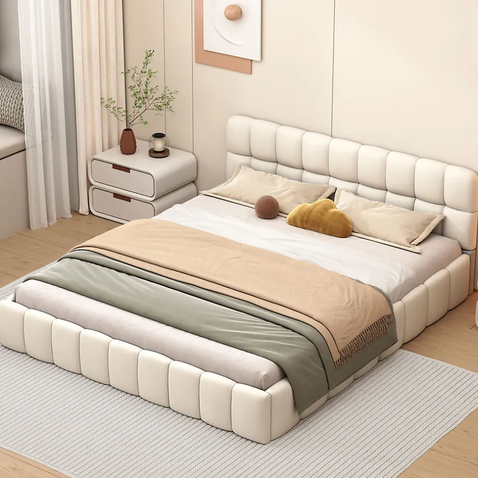 ProximaX Lit adulte 140x200 cm, lit rembourré en lin, dossier moelleux, sommier à lattes, tête de lit, Beige