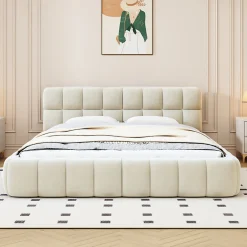 ProximaX Lit adulte 140x200 cm, lit rembourré en lin, dossier moelleux, sommier à lattes, tête de lit, Beige