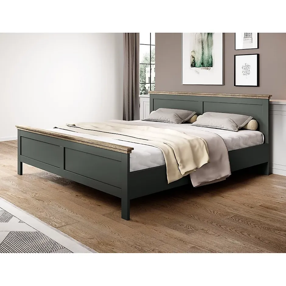 Meublorama Lit adulte 180x200 collection ASSIA. Coloris vert kaki et finitions aspect chene Discount