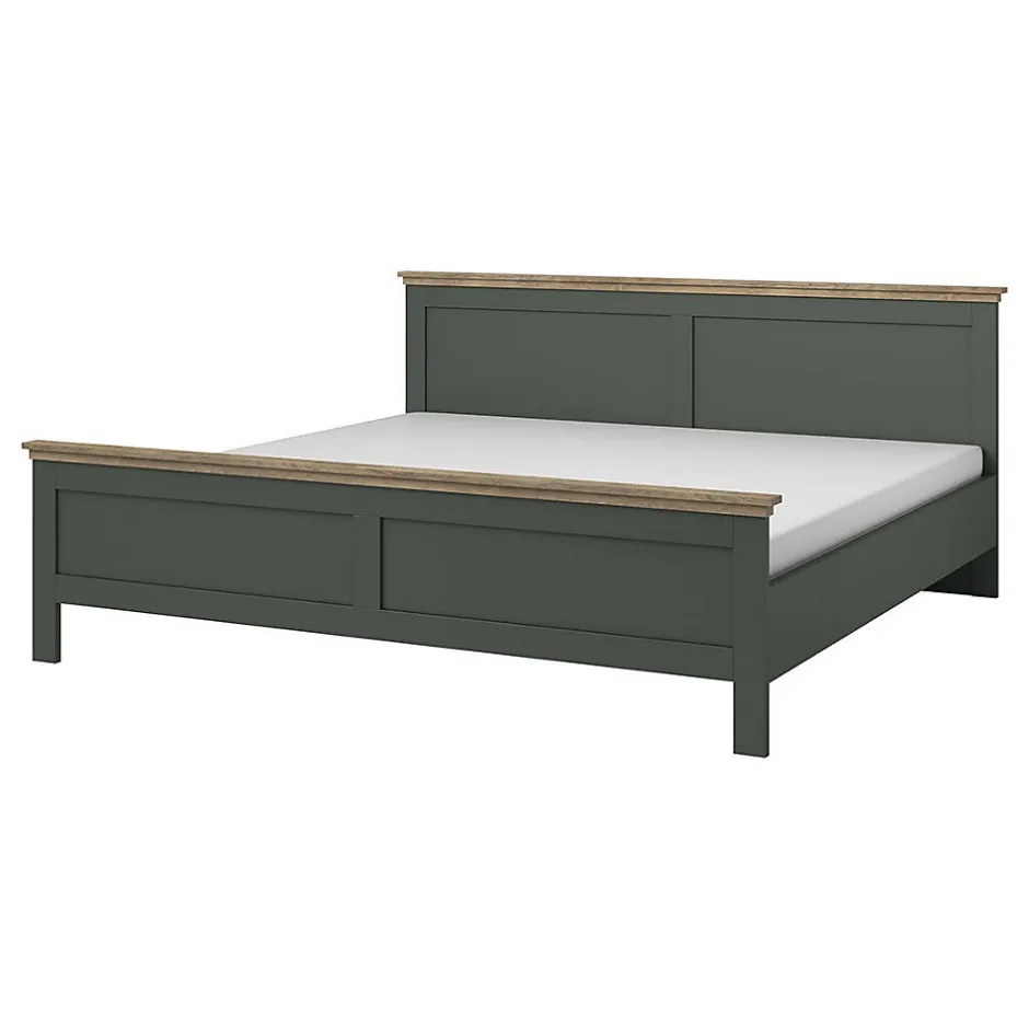 Meublorama Lit adulte 180x200 collection ASSIA. Coloris vert kaki et finitions aspect chene.