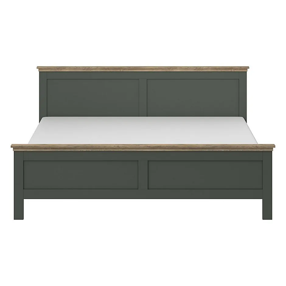 Meublorama Lit adulte 180x200 collection ASSIA. Coloris vert kaki et finitions aspect chene.