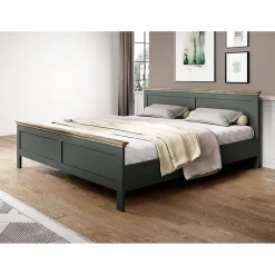 Meublorama Lit adulte 180x200 collection ASSIA. Coloris vert kaki et finitions aspect chene.