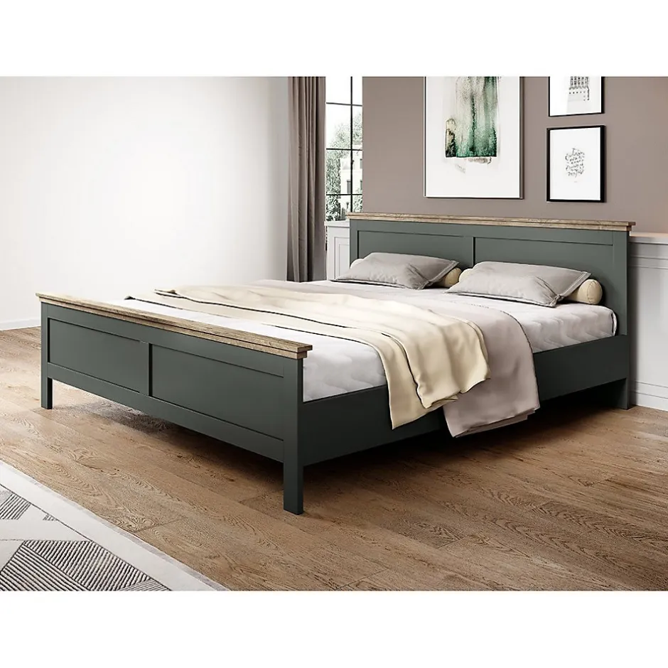 Meublorama Lit adulte 180x200 collection ASSIA. Coloris vert kaki et finitions aspect chene.