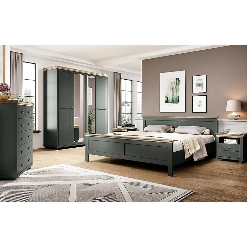 Meublorama Lit adulte 180x200 collection ASSIA. Coloris vert kaki et finitions aspect chene.