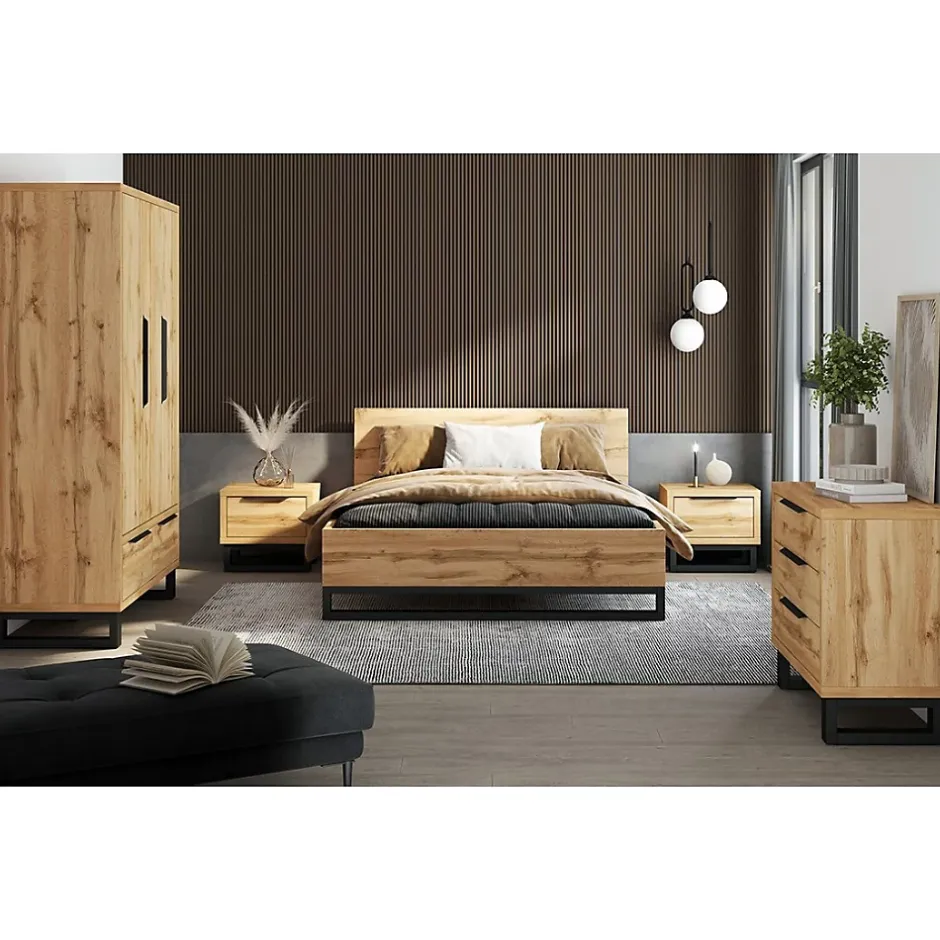 Meublorama Lit adulte 160x200 style industriel - Collection MILOS. Coloris chene brut et noir. Clearance