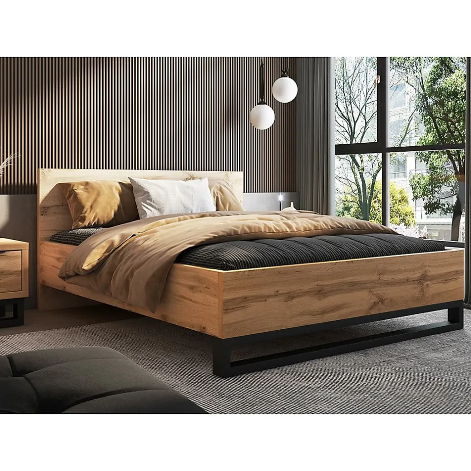 Meublorama Lit adulte 160x200 style industriel - Collection MILOS. Coloris chene brut et noir. Sommier inclus