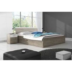 Meublorama Lit adulte 160x200, tiroirs intégrés et sommier inclus - Collection EOS. Coloris chene clair et blanc