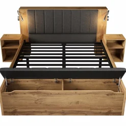 ModernLuxe Lit adulte 180x200cm - lampe de lecture+prises chargement+banquette de rangement - 2 tables de chevet - Naturel (sans matelas) Online