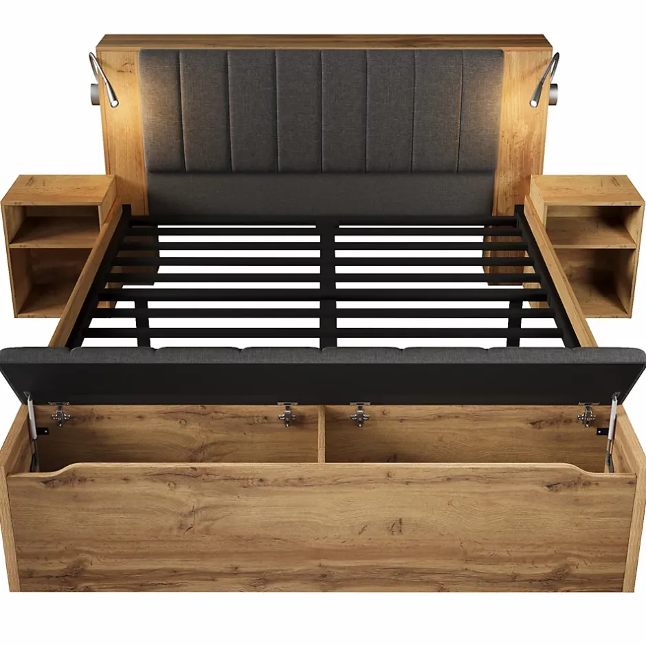 ModernLuxe Lit adulte 180x200cm - lampe de lecture+prises chargement+banquette de rangement - 2 tables de chevet - Naturel (sans matelas) Online