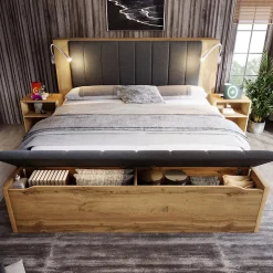 ModernLuxe Lit adulte 180x200cm - lampe de lecture+prises chargement+banquette de rangement - 2 tables de chevet - Naturel (sans matelas) Online