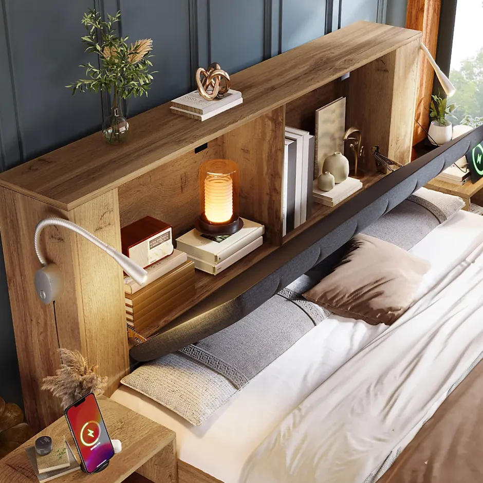 ModernLuxe Lit adulte 180x200cm - lampe de lecture+prises chargement+banquette de rangement - 2 tables de chevet - Naturel (sans matelas) Online