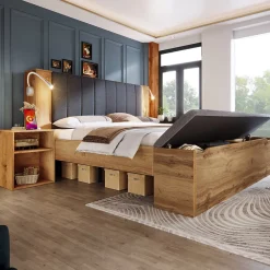ModernLuxe Lit adulte 180x200cm - lampe de lecture+prises chargement+banquette de rangement - 2 tables de chevet - Naturel (sans matelas) Online