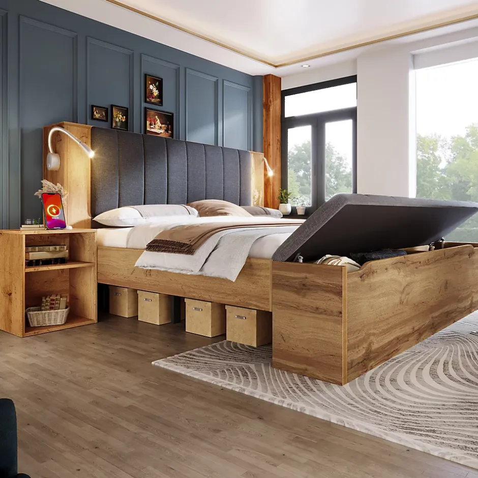 ModernLuxe Lit adulte 180x200cm - lampe de lecture+prises chargement+banquette de rangement - 2 tables de chevet - Naturel (sans matelas) Online