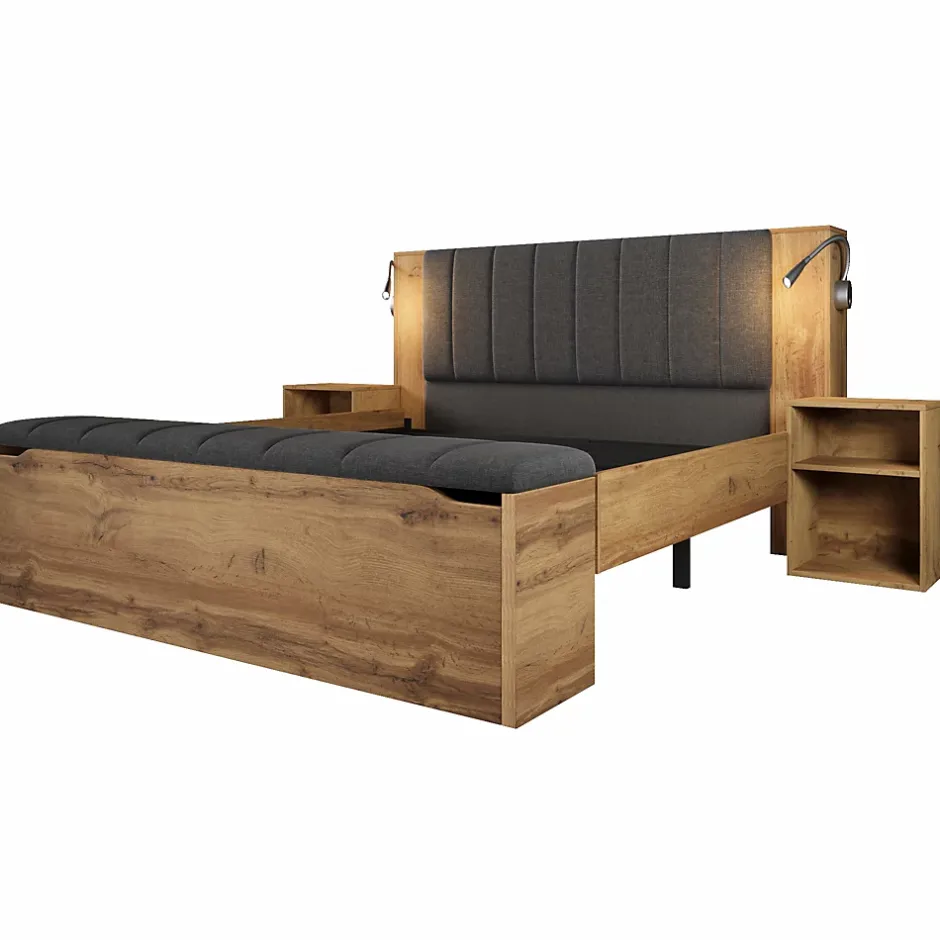 ModernLuxe Lit adulte 180x200cm - lampe de lecture+prises chargement+banquette de rangement - 2 tables de chevet - Naturel (sans matelas) Online
