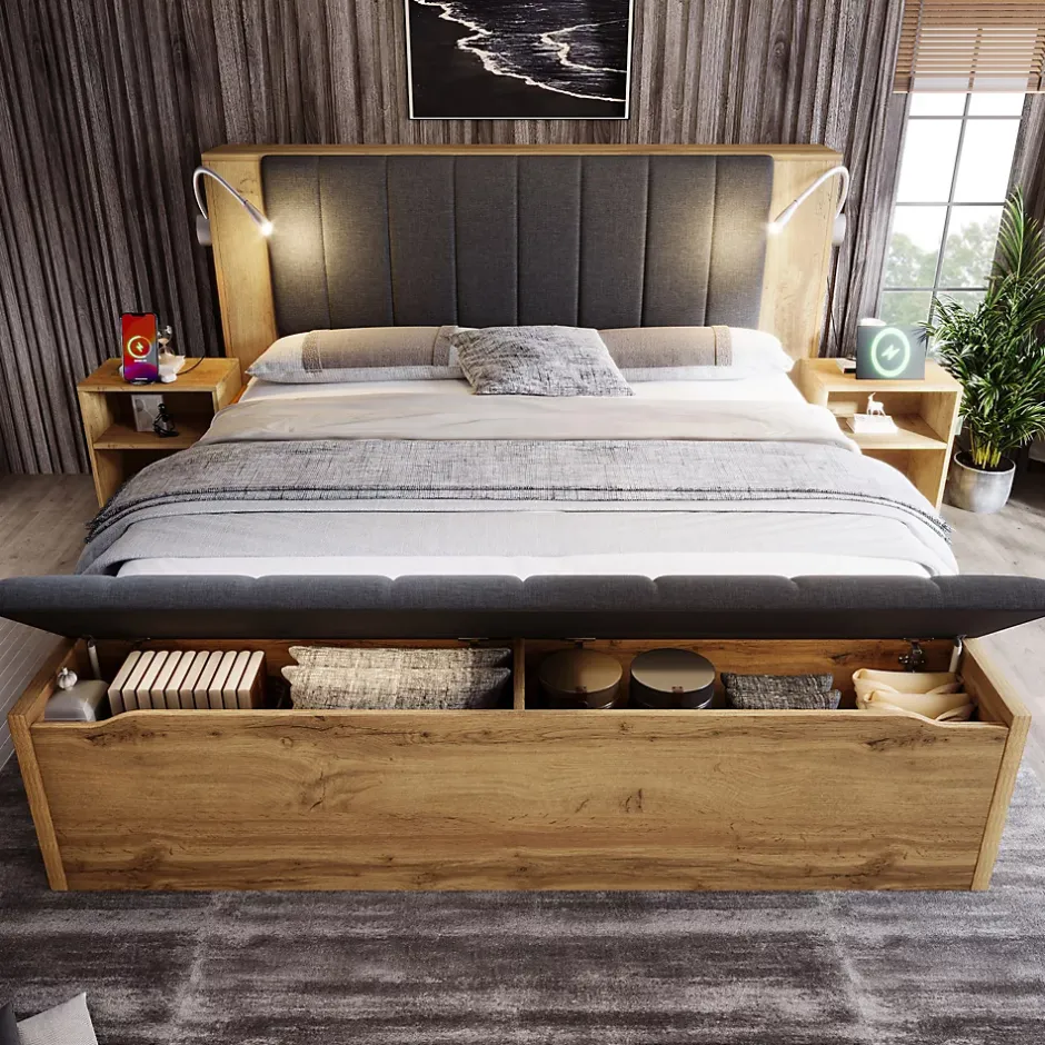 ModernLuxe Lit adulte 160x200cm - lampe de lecture+prises chargement+banquette de rangement - 2 tables de chevet - Naturel (sans matelas) Clearance