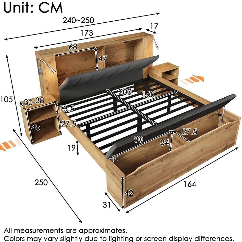 ModernLuxe Lit adulte 160x200cm - lampe de lecture+prises chargement+banquette de rangement - 2 tables de chevet - Naturel (sans matelas) Clearance