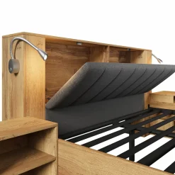 ModernLuxe Lit adulte 160x200cm - lampe de lecture+prises chargement+banquette de rangement - 2 tables de chevet - Naturel (sans matelas) Clearance