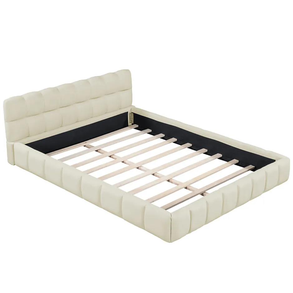 Simple Life Lit adulte 160x200cm en lin avec dossier moelleux, lit plat avec sommier à lattes, beige