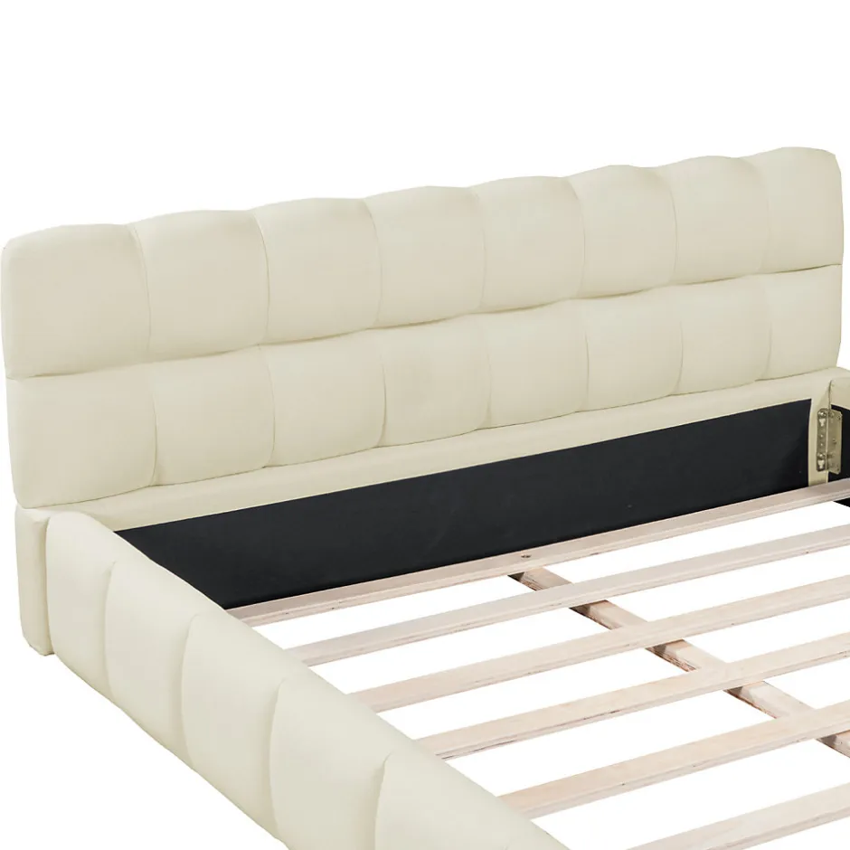 Simple Life Lit adulte 160x200cm en lin avec dossier moelleux, Lit plat avec sommier à lattes, beige