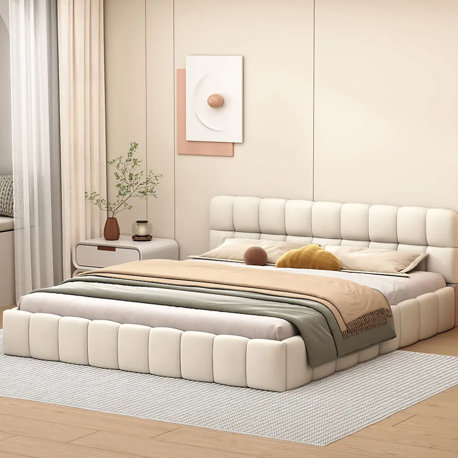 Simple Life Lit adulte 160x200cm en lin avec dossier moelleux, Lit plat avec sommier à lattes, beige
