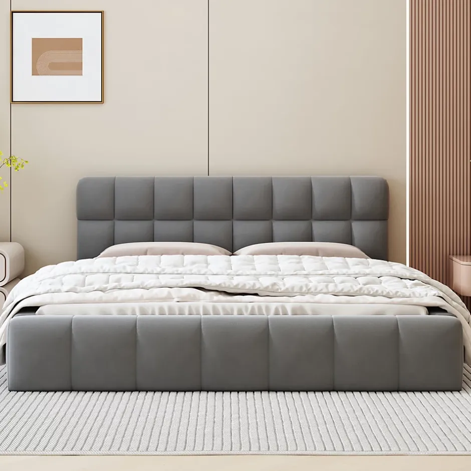 Simple Life Lit adulte 160x200cm en lin avec dossier moelleux, Lit plat avec sommier à lattes, gris Hot