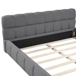 Simple Life Lit adulte 160x200cm en lin avec dossier moelleux, Lit plat avec sommier à lattes, gris Hot