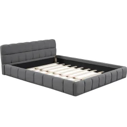 Simple Life Lit adulte 160x200cm en lin avec dossier moelleux, Lit plat avec sommier à lattes, gris Hot