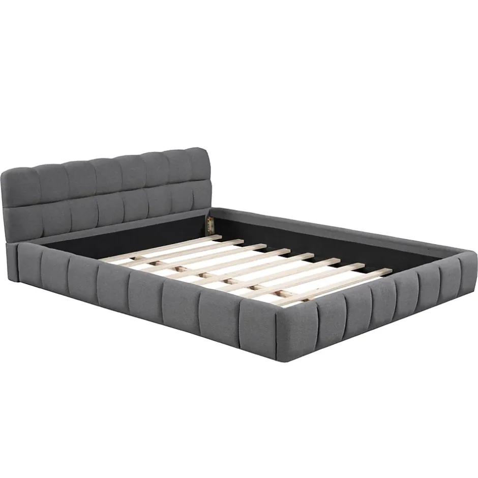 Simple Life Lit adulte 160x200cm en lin avec dossier moelleux, Lit plat avec sommier à lattes, gris Hot