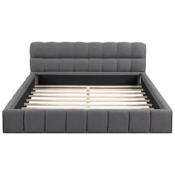 Simple Life Lit adulte 160x200cm en lin avec dossier moelleux, Lit plat avec sommier à lattes, gris Hot