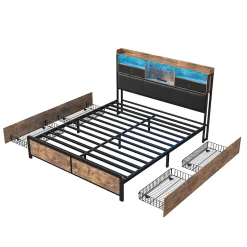 ProximaX Lit adulte 140x200cm,avec LED et tiroirs, lit en fer avec tête de lit et sommier à lattes, noir Sale