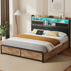 ProximaX Lit adulte 140x200cm,avec LED et tiroirs, lit en fer avec tête de lit et sommier à lattes, noir Sale