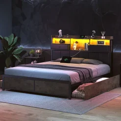 ProximaX Lit adulte 140x200cm,avec LED et tiroirs, lit en fer avec tête de lit et sommier à lattes, noir Sale