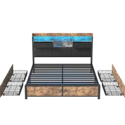 ProximaX Lit adulte 140x200cm,avec LED et tiroirs, lit en fer avec tête de lit et sommier à lattes, noir Sale