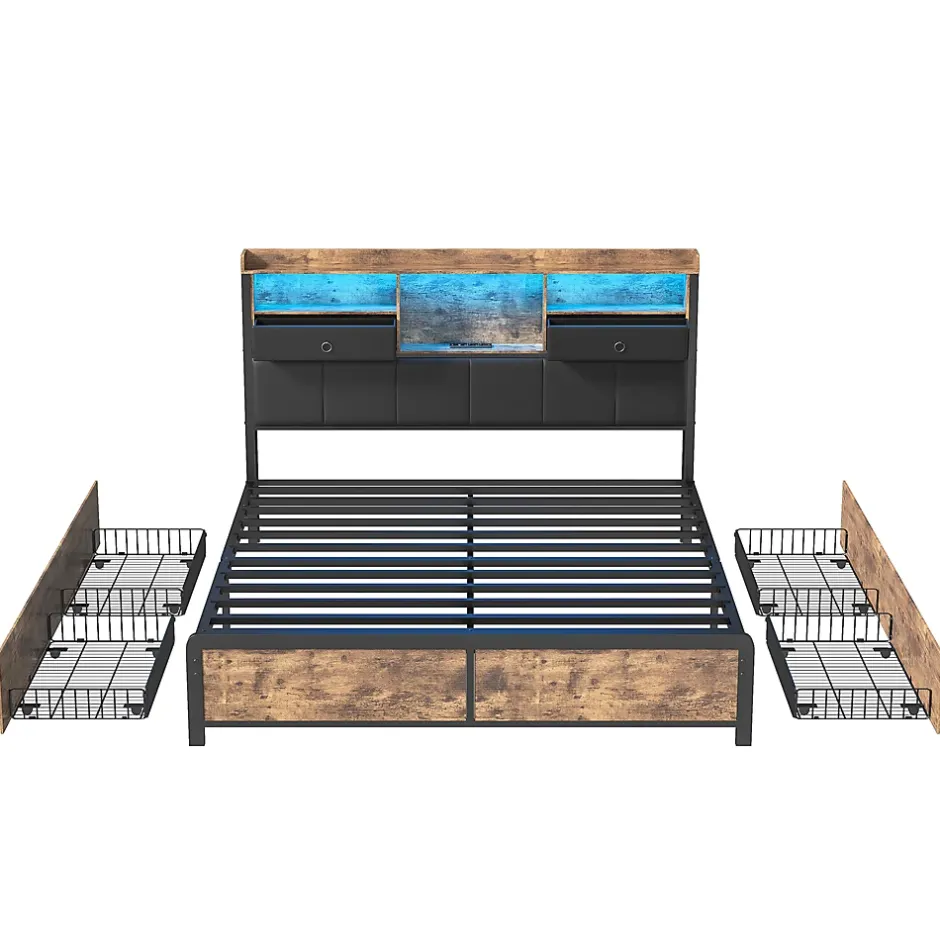 ProximaX Lit adulte 140x200cm,avec LED et tiroirs, lit en fer avec tête de lit et sommier à lattes, noir Sale