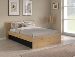 Vente-unique Lit avec 2 tiroirs 140 x 190/200 cm - Coloris : Naturel et noir + Sommier - VARLY Hot