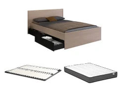 Vente-unique Lit avec 4 tiroirs 140 x 190 cm - Coloris : Naturel et noir + Sommier + Matelas - VELONA Best