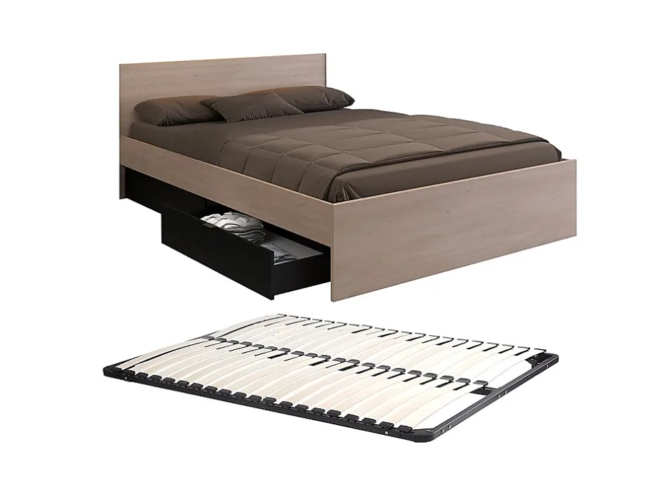 Vente-unique Lit avec 4 tiroirs 140 x 190 cm - Coloris : Naturel et noir + Sommier - VELONA