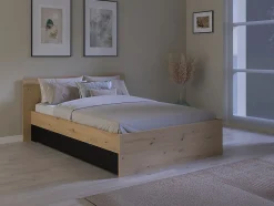 Vente-unique Lit avec 2 tiroirs 160 x 200 cm - Coloris : Naturel et noir + Sommier - VARLY
