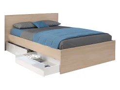 Vente-unique Lit avec 2 tiroirs 140 x 190 cm - Coloris : Naturel et blanc brillant - VELONA Sale