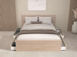 Vente-unique Lit avec 4 tiroirs 160 x 200 cm - coloris : Naturel et beige - VELONA