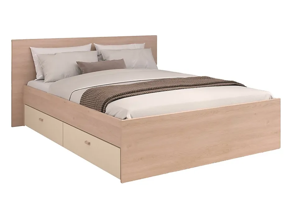 Vente-unique Lit avec 2 tiroirs 140 x 190 cm - coloris : Naturel et beige - VELONA